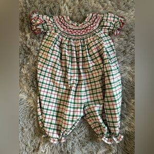 Baby Red White & Green Plaid Baby Romper Bubble Geometric Smocked Details